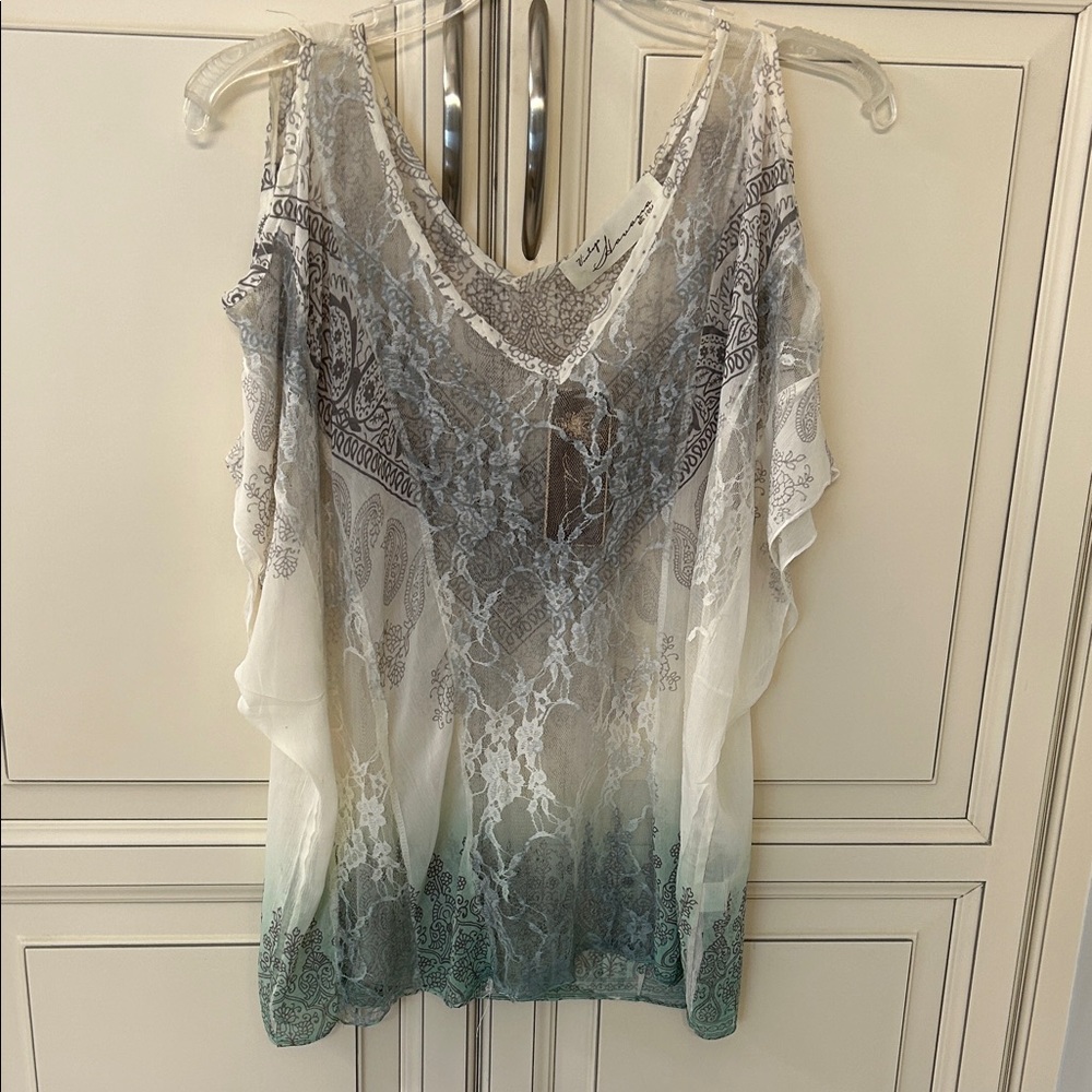 Vintage Havana Ivory and Teal Lace Boho Sheer Top NWT